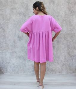 เดรสสั้นผ้าลินินคอวีพร้อมกระเป๋า, เดรสผ้าลินินเอวสูง - Product Image 2