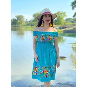 Vestido Midi Bohemio Étnico de Verano para Mujer, Amarillo, Hombros Descubiertos, Bordado Floral, Cintura Fruncida, Algodón Informal - Product Image 4