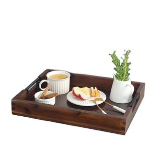 Plateau de service Rectangle en bois d'acacia rustique de luxe avec poignées en bambou - Product Image 1