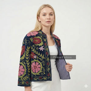 Abrigo Corto Étnico de Lujo para Mujer, Bordado a Mano Estilo Bohemio Suzani, Otoño Invierno, Ecológico, Transpirable, con Patrón Floral Vintage - Product Image 1