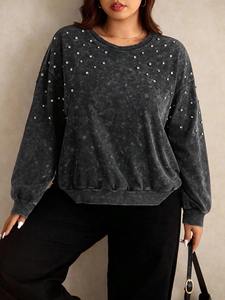 Sudadera de cuello redondo con diamantes de imitación para mujer, Jersey de algodón polar, suave, transpirable, cálido, ropa de calle de gran tamaño, moda Vintage, lavado ácido - Product Image 3