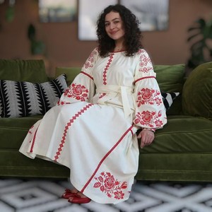 Vestido rústico bohemio marfil Vyshyvanka, vestido de lino Midi bordado rojo ucraniano para mujer, traje de Festival folclórico de boda S M L XL - Product Image 2
