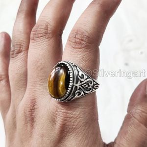Ojo de águila Anillo único para hombre Piedra preciosa de ojo de tigre natural Regalo de cumpleaños Joyería de estilo otomano árabe Anillo de plata esterlina 925 - Product Image 1