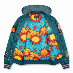 Blouson Bomber en Satin à Capuche pour Homme, Teal Rose, avec Patch Chenille Gnome de Jardin, Doublure par Sublimation, Logo Personnalisé, OEM - Product Image 3