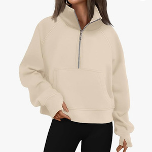 Otoño Invierno Stand-Up Collar Hoodies Poliéster Mujer Deportes Media cremallera Europeo Americano Cross-Border Sudadera Suelta en blanco - Product Image 4