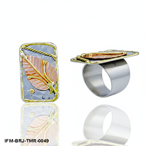 Bague en métal mélangé faite à la main, réglable, rectangulaire, bicolore, bijou statement, cadeau botanique unique pour elle - Product Image 3