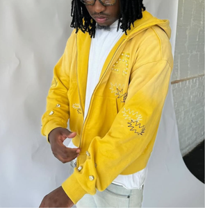 Hiver Soleil Décoloré Broderie Vintage Stone Washed Zip up Studded Rhinestone Fleece Oversized Boxy Cropped Hoodie avec poches - Product Image 2