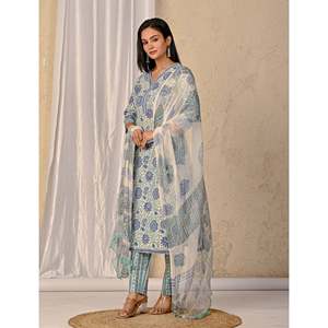 White Jaal <b>Block</b> <b>Printed</b> Cotton Anarkali Suit Elegant Ethnic Salwar Pant Set for Parties Special Occasions Latest Designs Net - Product Image 5