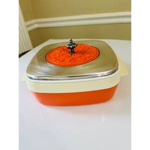 Cazuela plateada con tapa naranja, cazuela plateada, cazuela plateada con asas, cazuela para servir, calentador de alimentos, - Product Image 1