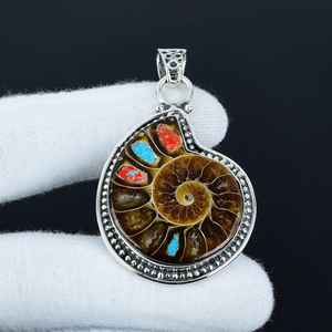 Natural Ammonite Pendant Solid 925 Sterling Silver Unique Bohemian Jewelry for Women & Children's Special Wedding Gift - Product Image 1