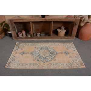 Alfombra turca Vintage de 2,7X5,1 pies hecha a mano Beige azul lana felpa pila altura forma Rectangular abstracto para dormitorio pasillo - Product Image 4