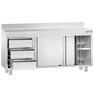 Armario de suelo de acero inoxidable PREMIUM - 1800x700mm - con puertas correderas - con 3 cajones a la izquierda y encimera - Product Image 3