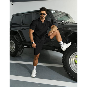 Chándal de polo informal para hombre, conjunto atlético de manga corta de punto transpirable de 2 piezas, conjunto deportivo para correr y trotar - Product Image 6