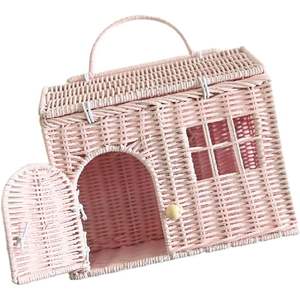 DreamCraft Small <b>Pink</b> House-Shaped Rattan Basket Boho Chic Dollhouse Purse <b>Clutch</b> Wicker Toys Carrier Gift for Girls Vietnam - Product Image 1