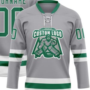 OEM Custom Manufacture Wholesale Custom Gray Kelly <b>Green</b>-White High Quality Hockey <b>Lace</b> Neck Jersey - Product Image 6