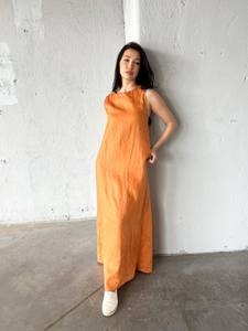 Maxi vestido informal de lino sin mangas de verano con espalda cruzada Forro de algodón naranja sólido para uso diario - Product Image 4