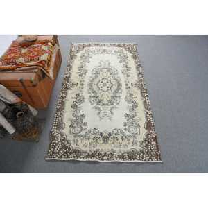 3.7x6.8 ft Rug, Turkish Vintage Rug, <b>Brown</b> White Abstract <b>Wool</b> Rug - Product Image 1