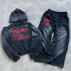 Ensemble sweat à capuche et pantalon de survêtement zippés de style personnalisé avec patch de détresse et lavage à l'acide Survêtement évasé pour hommes - Product Image 2