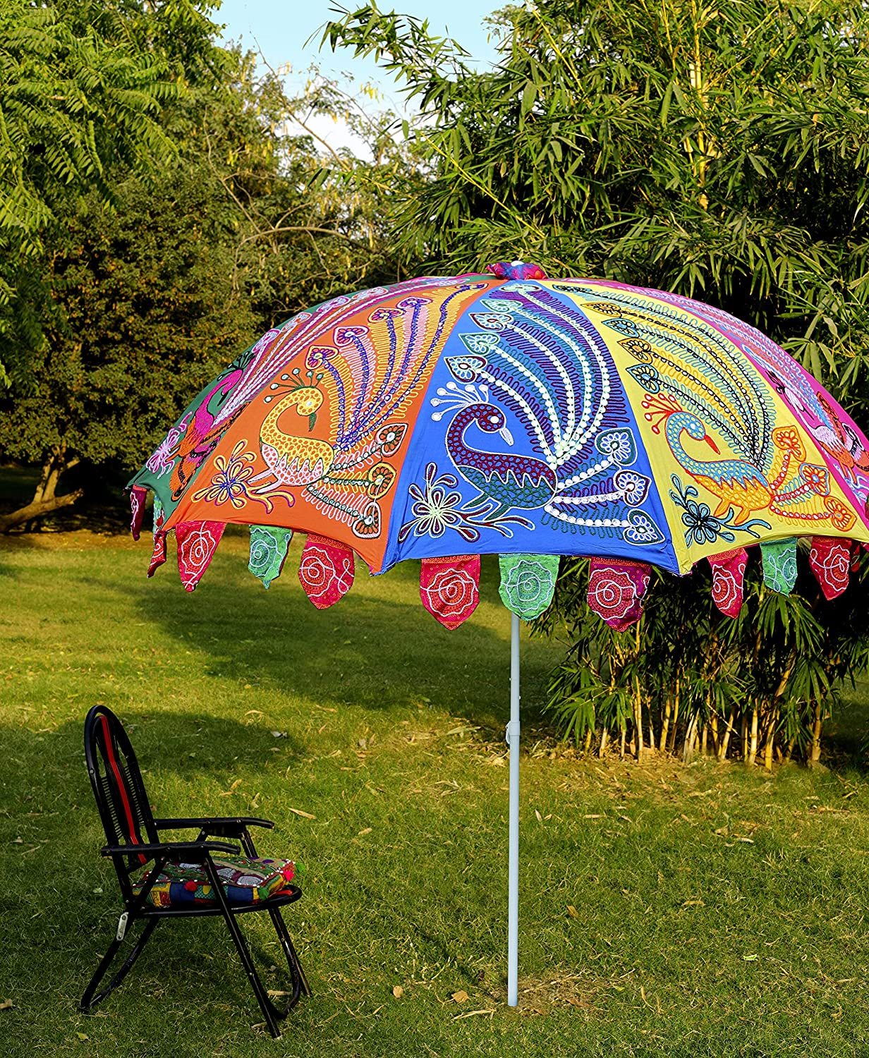 embroidered patio umbrellas Garden Velvet Green Red Parasol Handmade Indian Outdoor Sun Shade Umbrella 47"  Patio, Lawn & Garden have for event planners JONATHAN Y Tracy 9 ft.
