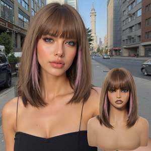 Perruque synthétique sans colle Bethany-DWY de 12 pouces pour femmes, fabriquée à la machine, coupe courte bob droite, brun châtain avec reflets roses - Product Image 2