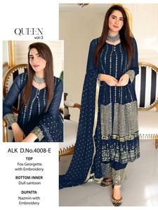 Traje Tradicional Pakistaní Semisentado para Mujer, de Georgette Pesado con Bordado, de Secado Rápido, para Fiestas, de la Marca Dhwaja Export - Product Image 3