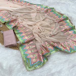 Evergreen Design Soft Georgette con bordado Trabajo Sari Mujer Moda Fabricante y proveedor de Surat - Product Image 1