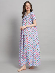 Chemise de nuit en dentelle 100% coton pour femmes, manches courtes, longueur totale, tissu respirant, imprimé floral au col, élégante, printemps automne - Product Image 5