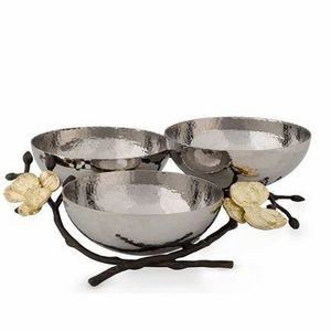 Tres cuencos de plata decorativos hechos de acero inoxidable de alta calidad con mango de hoja dorada para la decoración del servicio del restaurante - Product Image 5