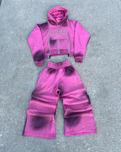 Strass personnalisé noir sale acide lavé survêtement lourd peser coton soleil fané Vintage pantalons de survêtement 2 pièces ensemble fermeture éclair à capuche ensemble - Product Image 1