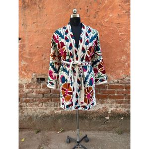 Albornoz de Algodón Indio Suzani Bordado a Mano al por Mayor, Estilo Kimono de Terciopelo, Ropa de Dormir, Bata Larga, Estilo Boho, Unisex - Product Image 4