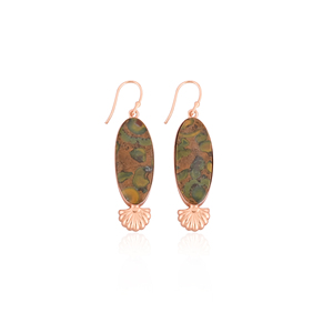 Pendientes de latón hechos a mano estilo clásico con colgante de piedra preciosa de jaspe frutal, chapado en oro rosa, diseño de diseñador para mujer, para aniversario - Product Image 1