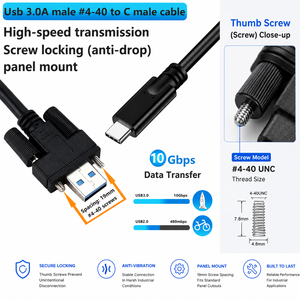 Câble <span class=keywords><strong>USB</strong></span> 3.0 Type A vers <span class=keywords><strong>USB</strong></span> C Lung Kay haut de gamme à double verrouillage par vis, 10 Gbit/s <span class=keywords><strong>SuperSpeed</strong></span>, 100 W PD, câble de données à montage sur panneau - Product Image 2