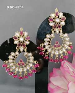 ต่างหูทองเหลืองคลาสสิก ลายดอกไม้ทับทิม สไตล์คันดัน เมฮันดี-SKU-2254 C-9 - Product Image 1