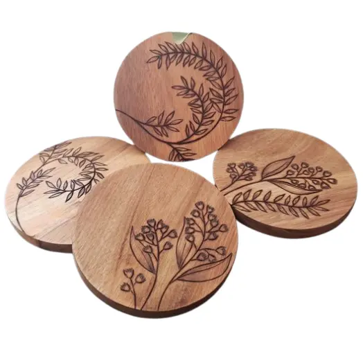 Set of Four Handwritten Floral Motif Wood Table Mats & Pads Exporter Of Natural Wooden Coasters Walnut Dark Wood Coaster