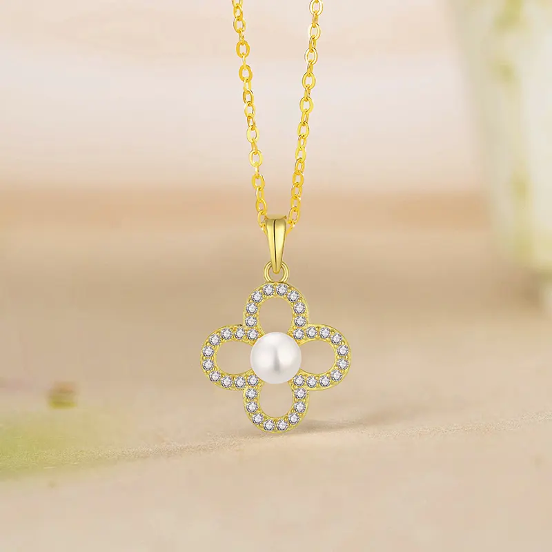 Luxury Four Leaf Clover Pendant Necklace Earring Clover Freshwater Pearl White Zircon Jewelry Set Lady Gifts