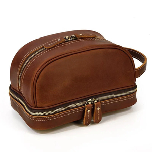 Classic <b>Leather</b> Cosmetic Case with Rivet Detail Zipper Closure <b>Small</b> Size Soft Handle Durable Travel Toiletry <b>Bag</b> - Product Image 4
