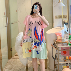 Haute qualité grande taille pyjamas enceintes pour femmes été à manches courtes imprimé jupe longue Floral dessin animé vêtements de nuit - Product Image 4