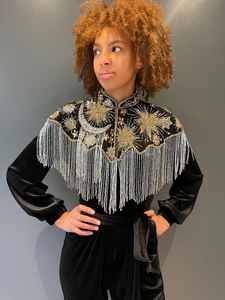 Elegante capa burlesca poliéster con cuentas hebras lentejuelas hermosa silueta recta sujeta cuello festivo Wrap Club ocasiones - Product Image 3