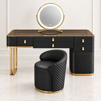 Ensemble de coiffeuse de luxe noire avec miroir rond LED, tabouret et tiroirs, taille et couleur personnalisables, garantie de 2 ans