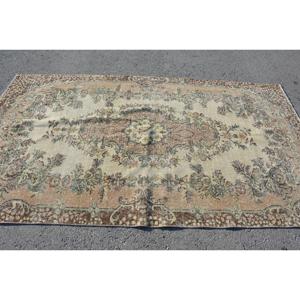 Turkish Vintage Rug, 4.8x8.4 ft Rug, <b>Brown</b> Green Polka dot <b>Wool</b> Rug - Product Image 3