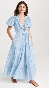 เดรสยาวผ้าเรยอนสำหรับผู้หญิง100% ลำลองแขนสั้นทรงหลวมคอแต่งระบายหรูหราโบฮีเมียนท้องฟ้าสีฟ้า - Product Image 2