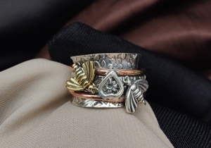 925 Sterling Silver Spinner Ring with Mixed Metal Meditation Bee Heart Leaf Charms Handmade Boho Wedding Jewelry Wholesale - Product Image 3