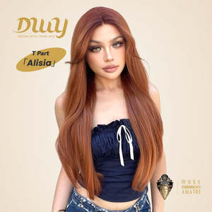 Alisia-DWY <b>Long</b> Curly Orange Synthetic <b>Wig</b> with T-Part Lace Front and Side Bangs Light Brown Lace - Product Image 1