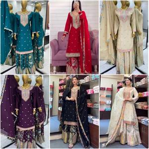 Nueva ropa de fiesta de boda diseñador Chinon hilo de seda secuencia bordado trabajo Top con manga completa y Sharara con Dupatta - Product Image 5