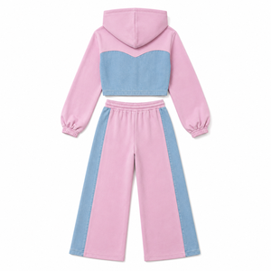 Ensemble de survêtement décontracté pour femme en 100 % polyester, deux pièces, avec sweat à capuche court à manches longues et pantalon de jogging large, style streetwear color block - Product Image 4