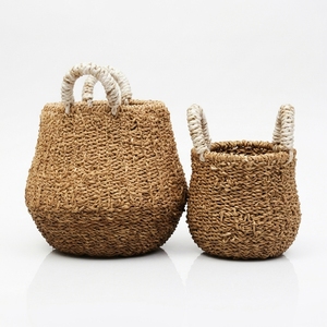 Natural Hand Woven Seagrass <b>Storage</b> <b>Basket</b> Set <b>White</b> Wrapped Handle Belly Round Pot Planter Setup Decor Pure Art Room Design - Product Image 1
