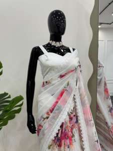 Saree นักออกแบบที่สวยงามด้วยการพิมพ์ดิจิตอลด้วยลูกไม้แฟนซี - Product Image 4