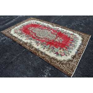 Vintage Turkish <b>Rug</b> 5.7 X 9.3 ft Red Brown Large Area Woolen Patchwork Design for Hallway <b>Bedroom</b> Rectangular Latex Room Bedside - Product Image 2