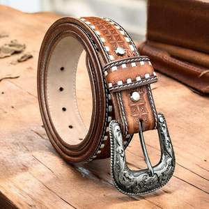 Handcrafted <b>Vintage</b> Western Genuine Leather <b>Belt</b> with Floral Carving Antique Silver Alloy Buckle - Product Image 2