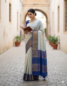 Sari de Seda Ghicha Azul y Crema Premium, Diseño Elegante y Atemporal para Ropa Tradicional Femenina de la India - Product Image 5